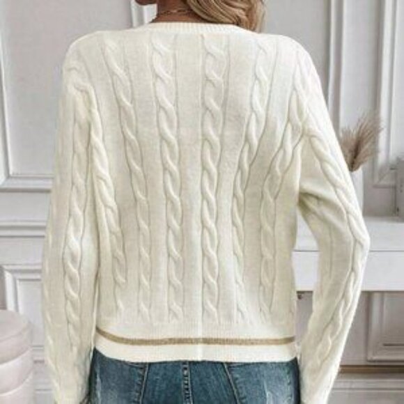 White Casual Women's Solid Color Button Decorated Long Sleeve Cardigan - Picture 2 of 6